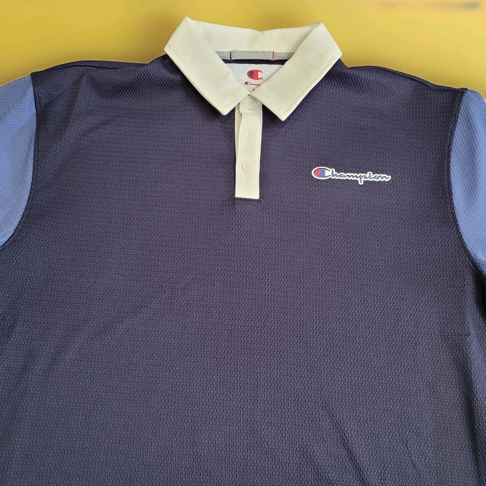 Champion Polo Mens M Colorblock Performance Navy Blue Logo-Chest-Arm Preppy‎